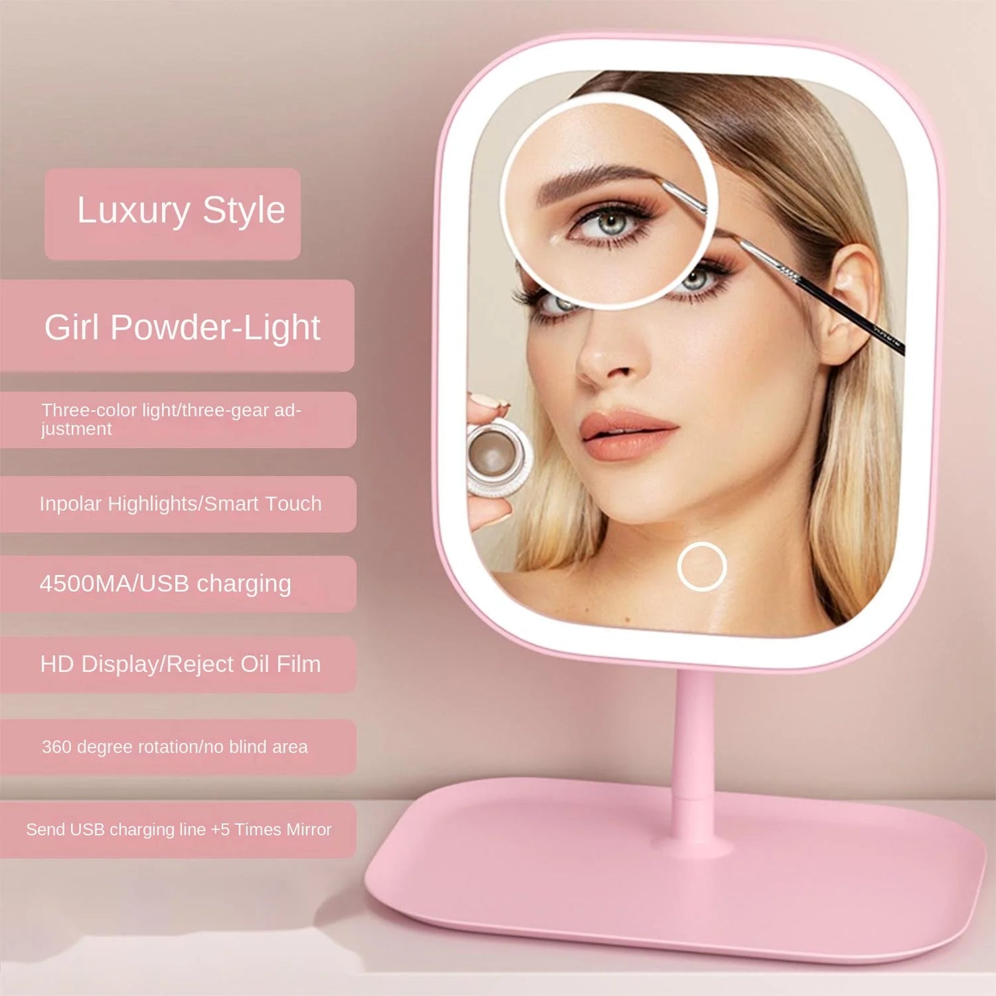 Portable Dimmable LED Makeup Mirror with Touch Control & Magnifier - Rechargeable & Convenient Storage
