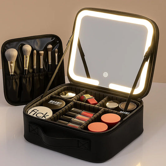 Premium LED Travel Cosmetic Bag with Mirror Women'S Portable Large Capacity Makeup Brush Case Portable Partition Beauty Bag