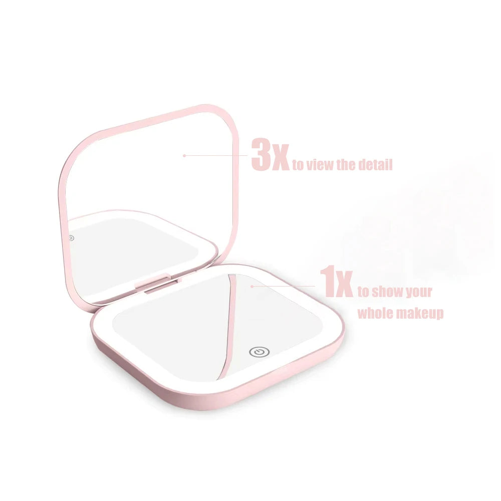 Illuminated Compact Travel Makeup Mirror - 2X Magnification, Portable & Folding Design
