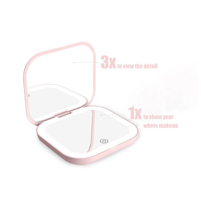 Illuminated Compact Travel Makeup Mirror - 2X Magnification, Portable & Folding Design