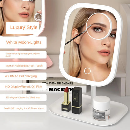 Portable Dimmable LED Makeup Mirror with Touch Control & Magnifier - Rechargeable & Convenient Storage