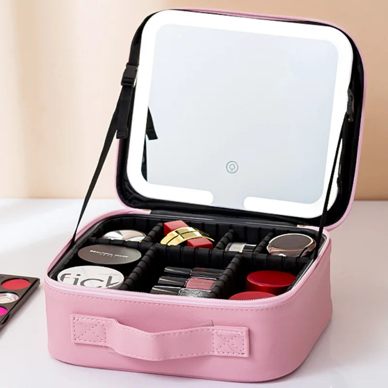 Premium LED Travel Cosmetic Bag with Mirror Women'S Portable Large Capacity Makeup Brush Case Portable Partition Beauty Bag