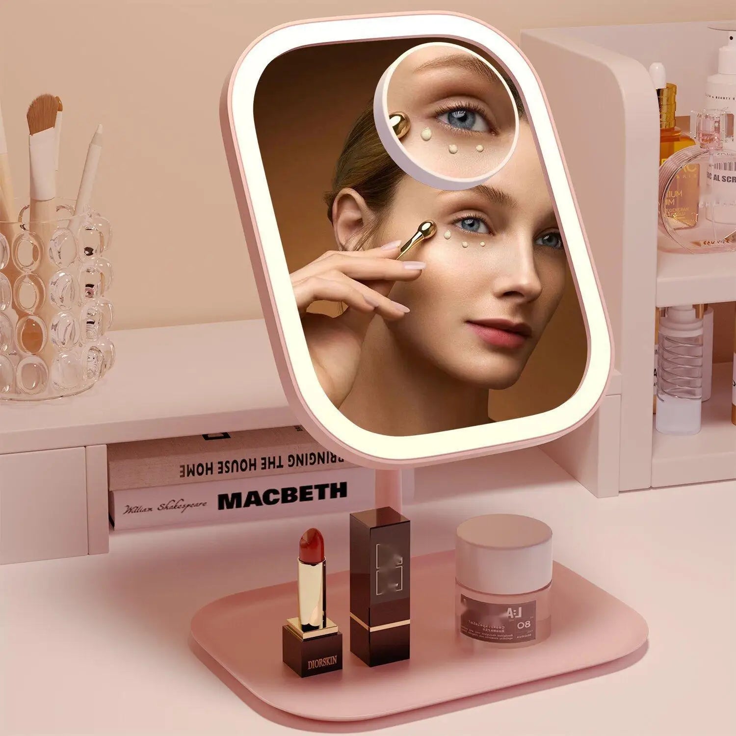 Portable Dimmable LED Makeup Mirror with Touch Control & Magnifier - Rechargeable & Convenient Storage
