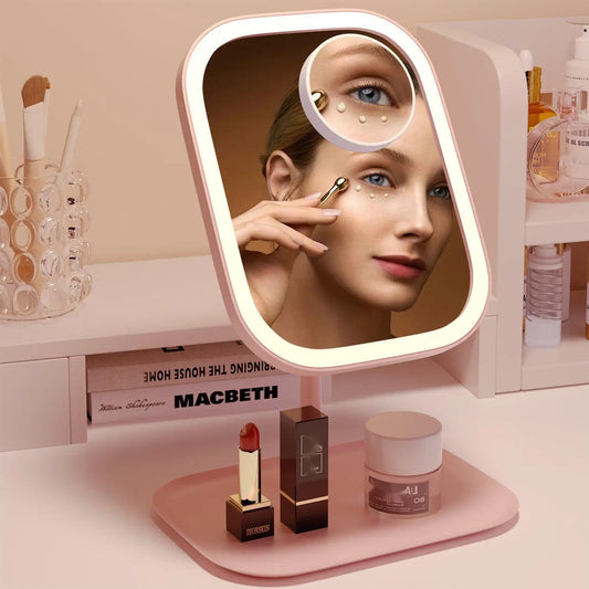 Portable Dimmable LED Makeup Mirror with Touch Control & Magnifier - Rechargeable & Convenient Storage