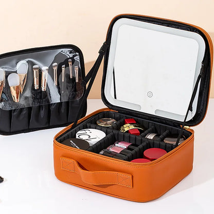 Premium LED Travel Cosmetic Bag with Mirror Women'S Portable Large Capacity Makeup Brush Case Portable Partition Beauty Bag