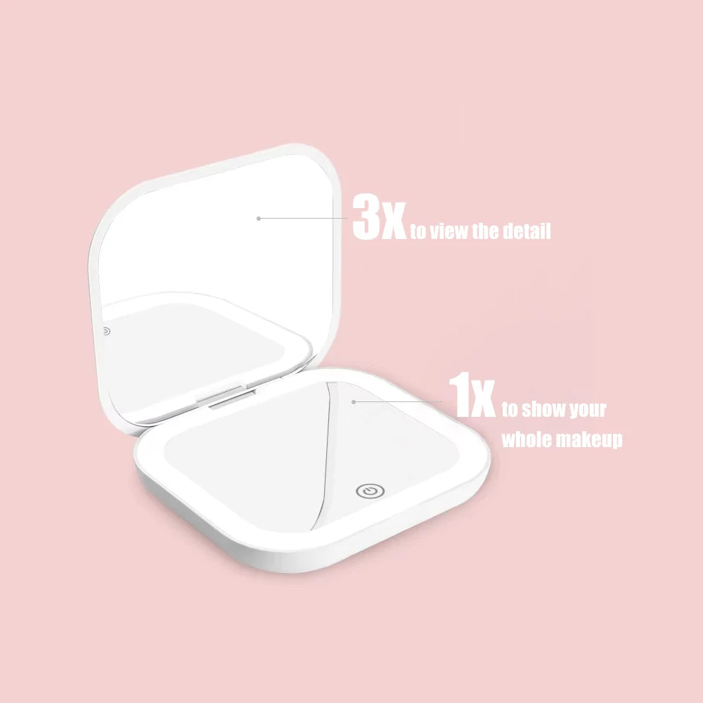 Illuminated Compact Travel Makeup Mirror - 2X Magnification, Portable & Folding Design
