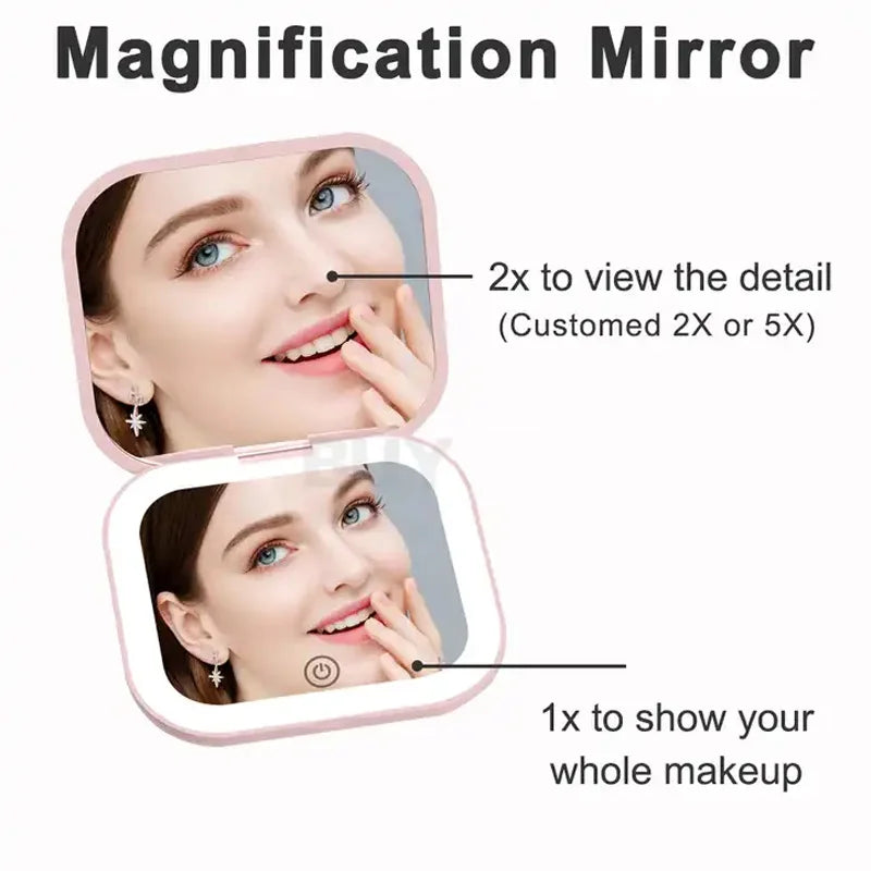 Illuminated Compact Travel Makeup Mirror - 2X Magnification, Portable & Folding Design