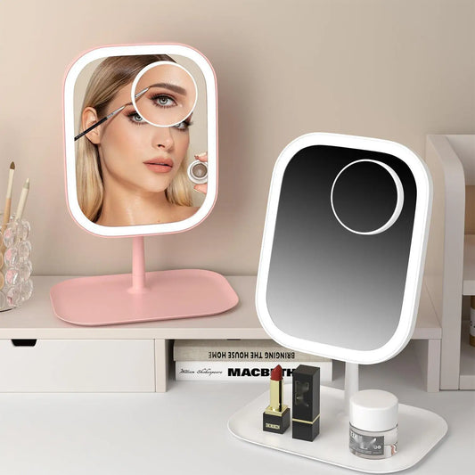 Portable Dimmable LED Makeup Mirror with Touch Control & Magnifier - Rechargeable & Convenient Storage