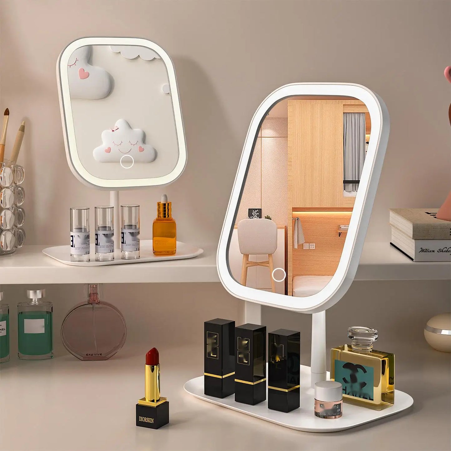 Portable Dimmable LED Makeup Mirror with Touch Control & Magnifier - Rechargeable & Convenient Storage